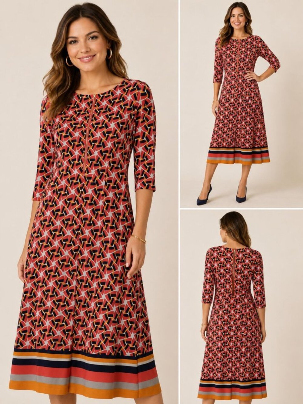 Taylor Geometric Print Sheath Women Dress & 3/4 Sleeves Orange/Gray Size 6